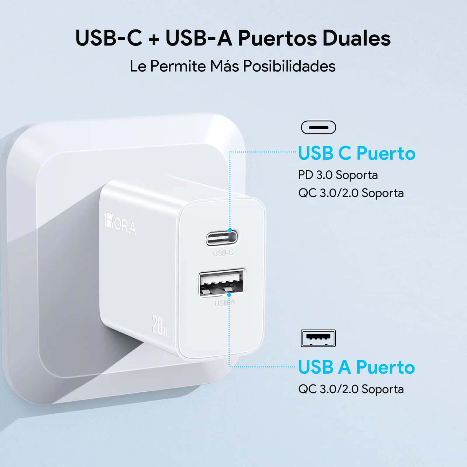 Cargador Rápido Dual 20W USB-C + USB-A GAR161 Blanco 3